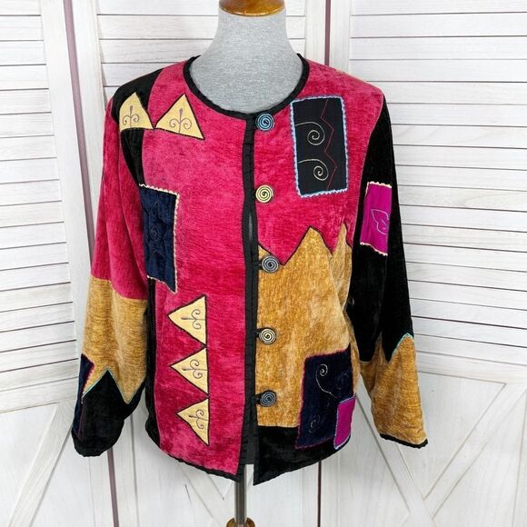 Pushpa Vintage 90s Velour Patchwork Tapestry Embroidered Jacket Medium - Picture 1 of 13